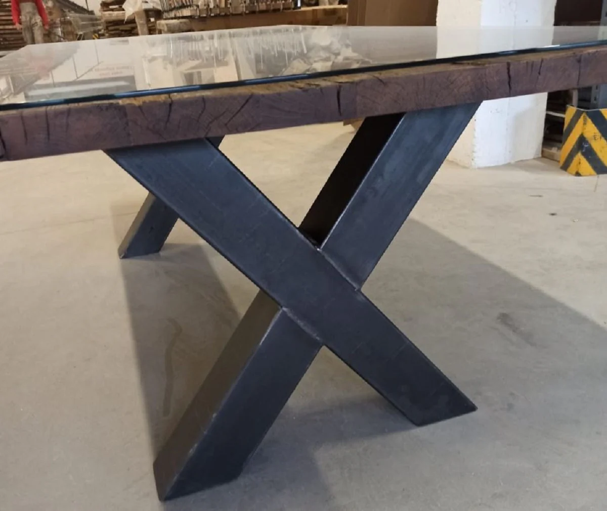 Country house style dining table with glass top brown / black 200 cm - Rustic dining room furniture