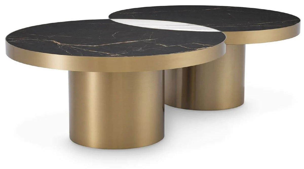 Luxury coffee table brass / black / white 139 x 80 x H. 37.5 cm - living room table with ceramic plates - living room furniture - luxury furniture