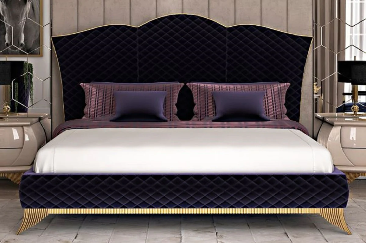 Luxury Art Deco double bed purple / gold - noble solid wood bed with headboard - Art Deco bedroom & hotel furniture - luxury collection