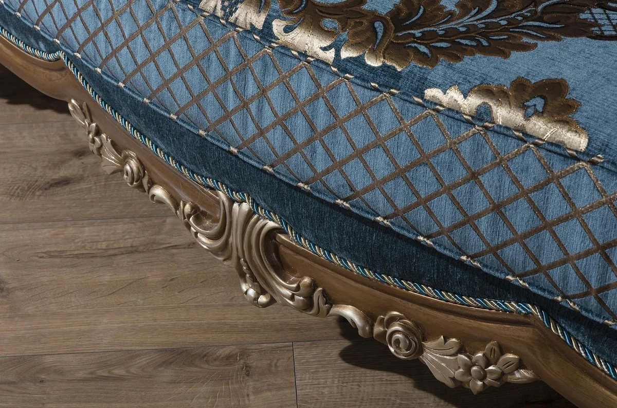 Luxury Baroque sofa blue / gold 260 x 90 x H. 125 cm - Magnificent living room sofa with elegant pattern and decorative pillows - Baroque furniture