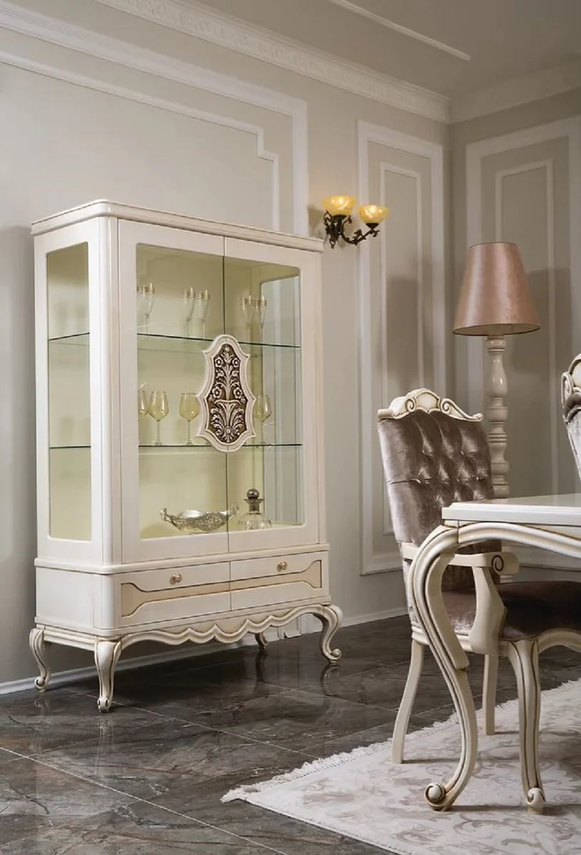 Luxury baroque display cabinet white / beige / brown 118 x 49 x H. 186 cm - solid wood display cabinet with 2 glass doors and 2 drawers - furniture in the baroque style