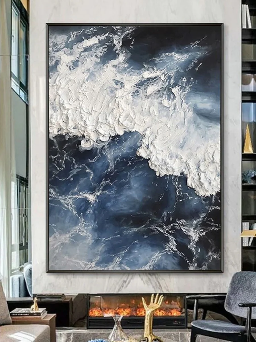 Luxury designer oil painting blue / white / black 120 x 9 x H. 160 cm - hand-painted painting with metal frame - luxury wall decoration - designer wall decoration - decorative accessories - luxury quality