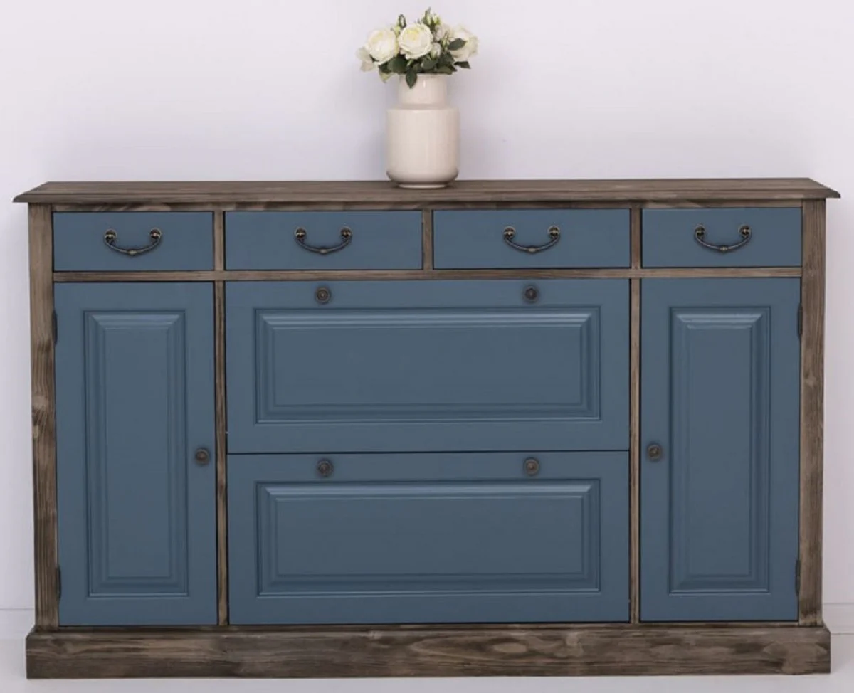 Country house style chest of drawers blue / black 176 x 35 x H. 105 cm - Solid wood cabinet with 6 drawers and 2 doors - Country house style furniture - Country house style furniture - Country house style furnishings