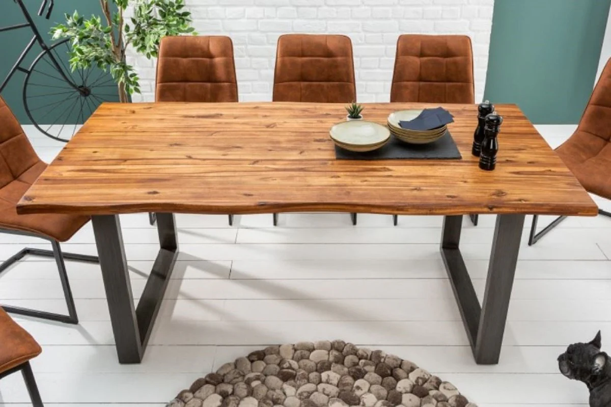 Solid wood dining table brown / gray 200 x 100 x H. 76.5 cm - Modern kitchen table with solid acacia wood table top and metal legs - Solid wood dining room furniture