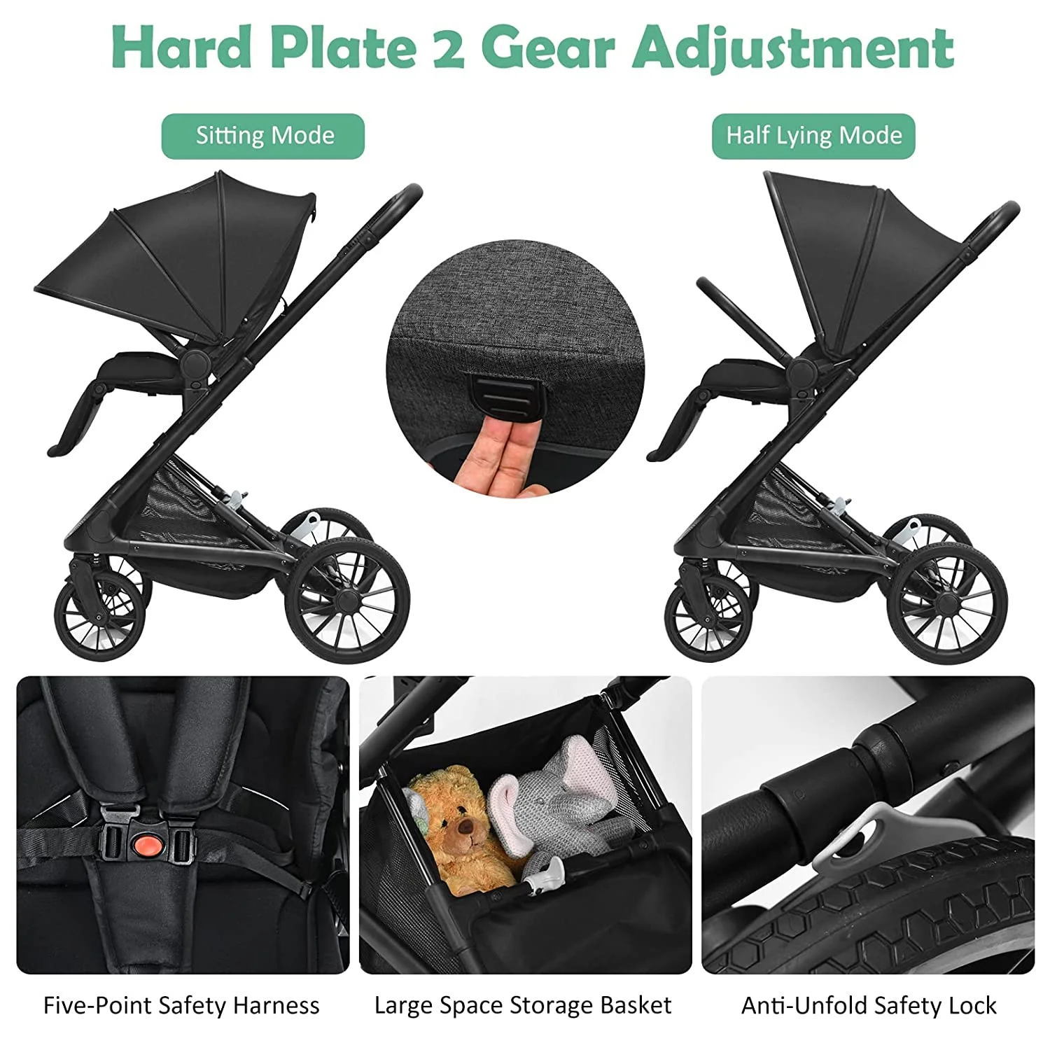 Kinderwagen, umkehrbarer Stubenwagen für Neugeborene, einhändig faltbarer, schnell zusammenklappbarer Kinderwagen mit Aluminiumrahmen, verstellbarem Verdeck, 5-Punkt-Sicherheitsgurt für Säuglinge und Kleinkinder (schwarz)