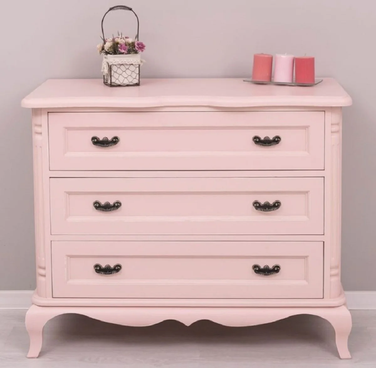 Country house style chest of drawers pink 110 x 48 x H. 89 cm - Solid wood cabinet with 3 drawers - Country house style bedroom furniture - Country house style furniture - Country house style furnishings