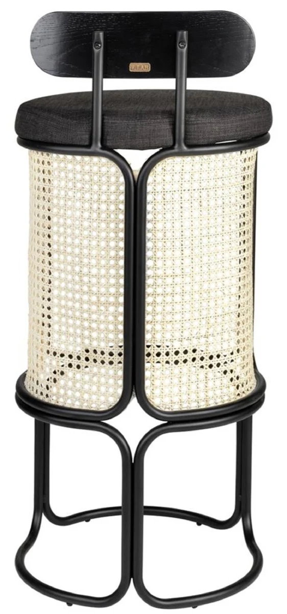 Designer bar chair with backrest black / natural color Ø 40.5 x H. 90 cm - Round padded bar stool with elegant rattan weave and powder-coated steel frame