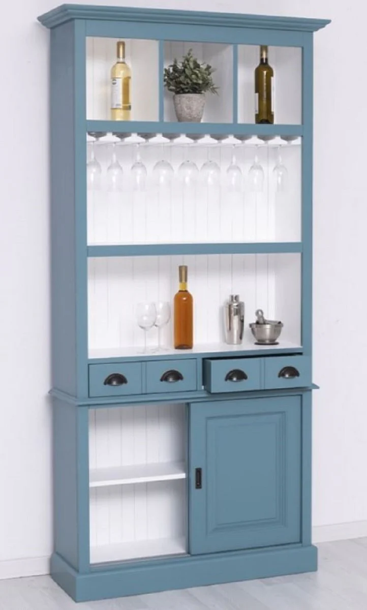 Country house style solid wood bar cabinet blue / white 103 x 36 x H. 210 cm - Solid wood wine cabinet in country house style - Solid wood bar furniture - Country house style bar furniture