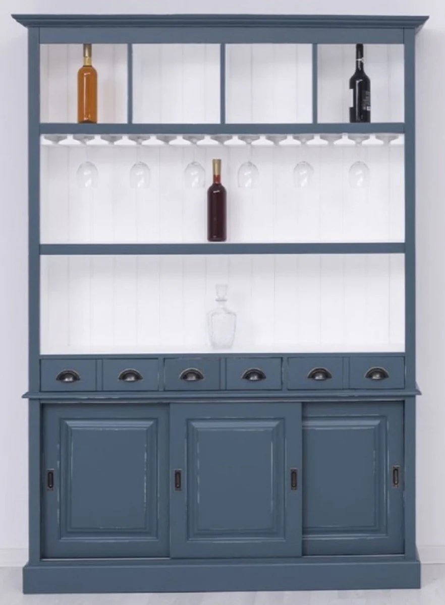 Country house style solid wood bar cabinet antique blue / white 151 x 36 x H. 210 cm - Solid wood wine cabinet in country house style - Solid wood bar furniture - Country house style bar furniture