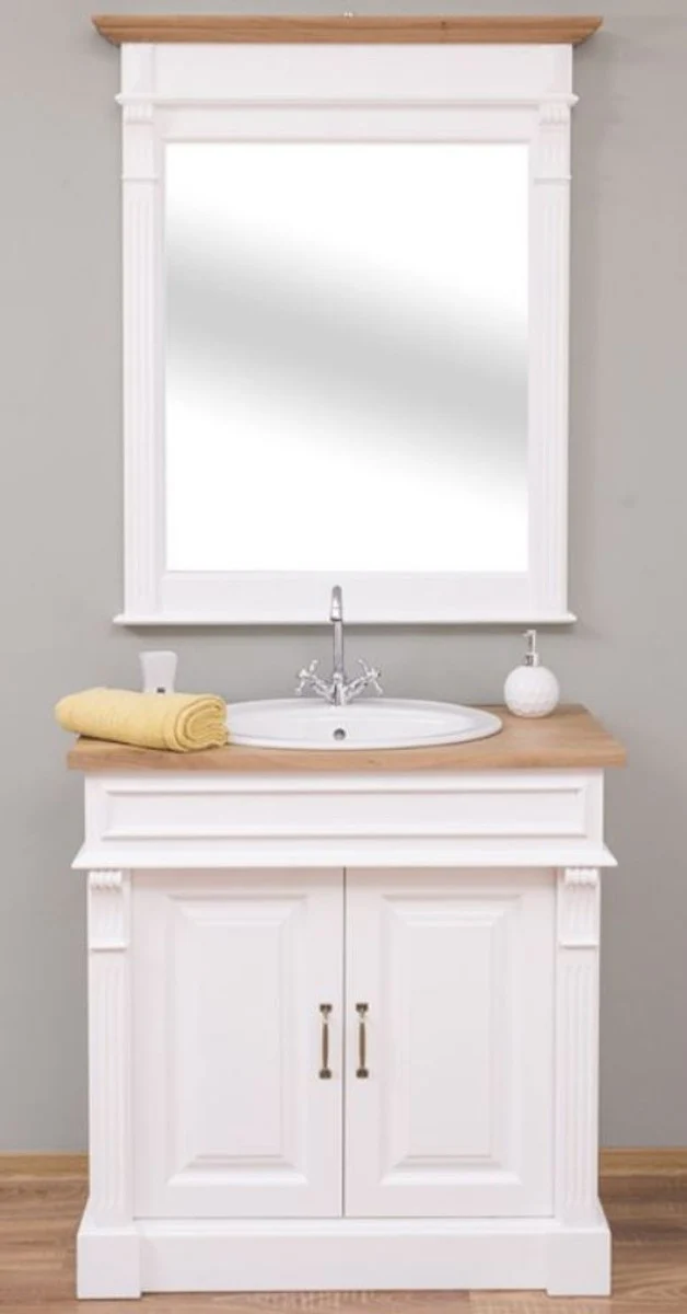 Country house style bathroom set white / natural colors - 1 washbasin & 1 wall mirror - solid wood bathroom furniture in country house style