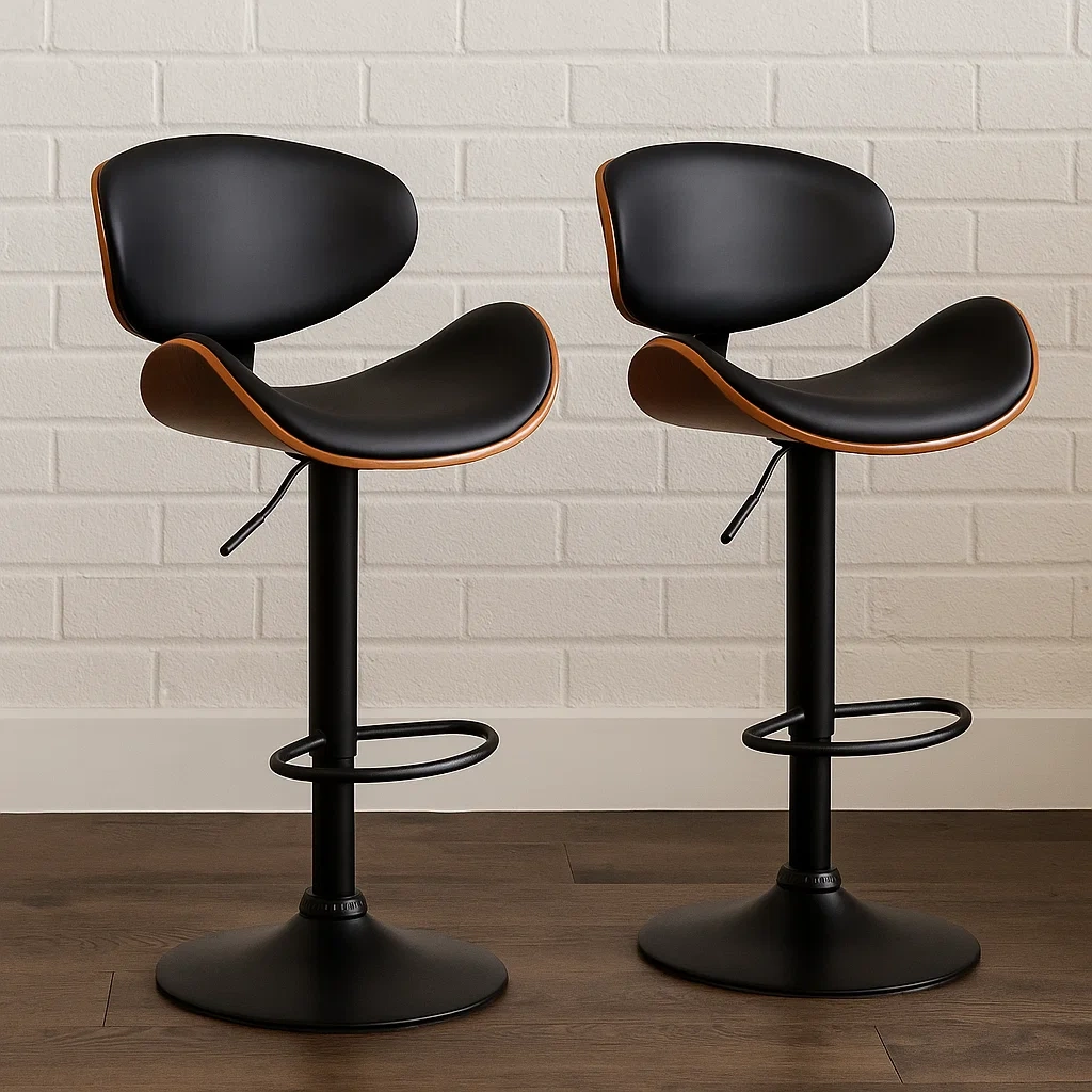 Hoher Hocker mit dunkelbraunem und schwarzem Kunstlederbezug und Metallrückenlehne für den Innenbereich, 49,5 × 46 × 111 cm - Y1hX0bvvP0dY