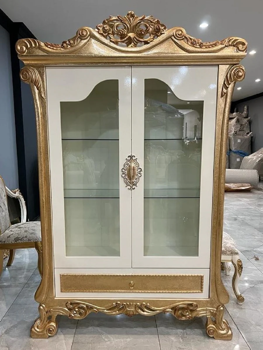 Luxury baroque display cabinet white / gold - magnificent solid wood display cabinet with 2 glass doors and drawer - luxury furniture in baroque style - baroque furniture - noble & magnificent