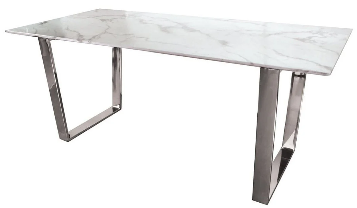 Luxury dining table white / silver 160 x 80 x H. 75 cm - Dining room table with artificial marble table top - Dining room furniture - Luxury furniture - Luxury furnishings