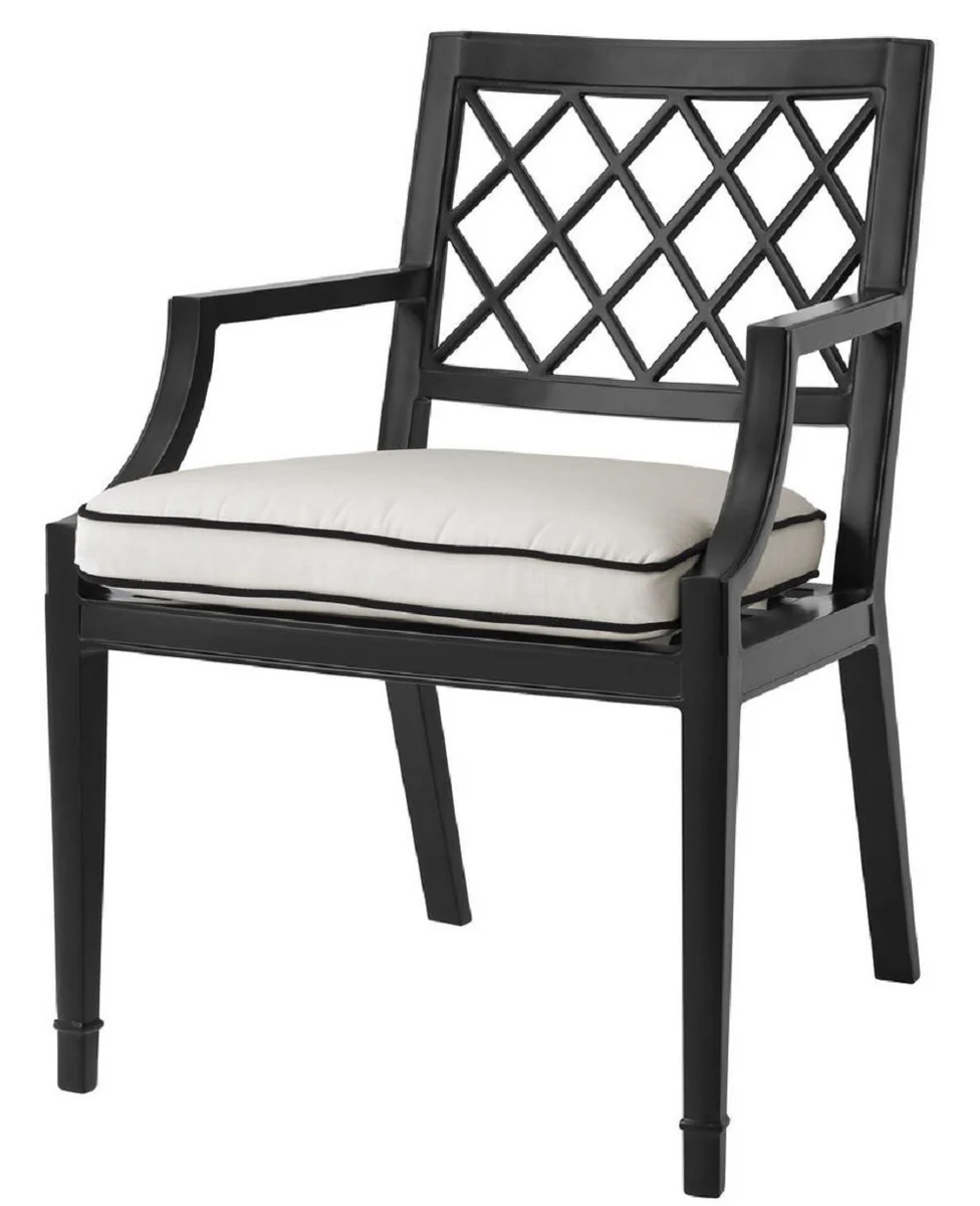 Luxury dining chair with armrests and cushions matt black / white 60 x 66 x H. 87 cm - aluminum kitchen chair - dining room furniture