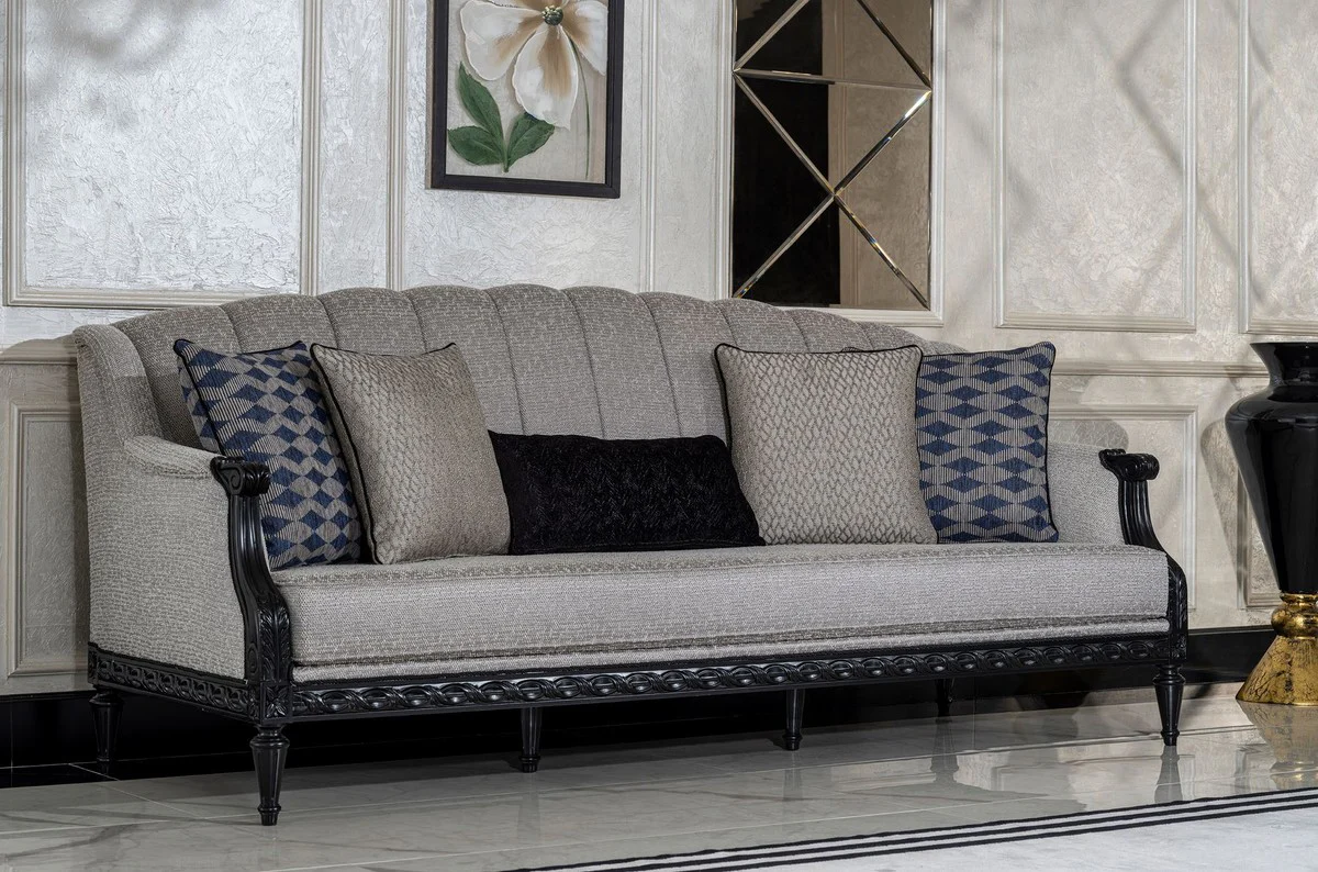 Luxury Baroque Living Room Sofa Silver / Black - Handmade Baroque Style Sofa with Decorative Pillows - Baroque Furniture - Luxury Living Room Furniture in Baroque Style - Noble & Magnificent