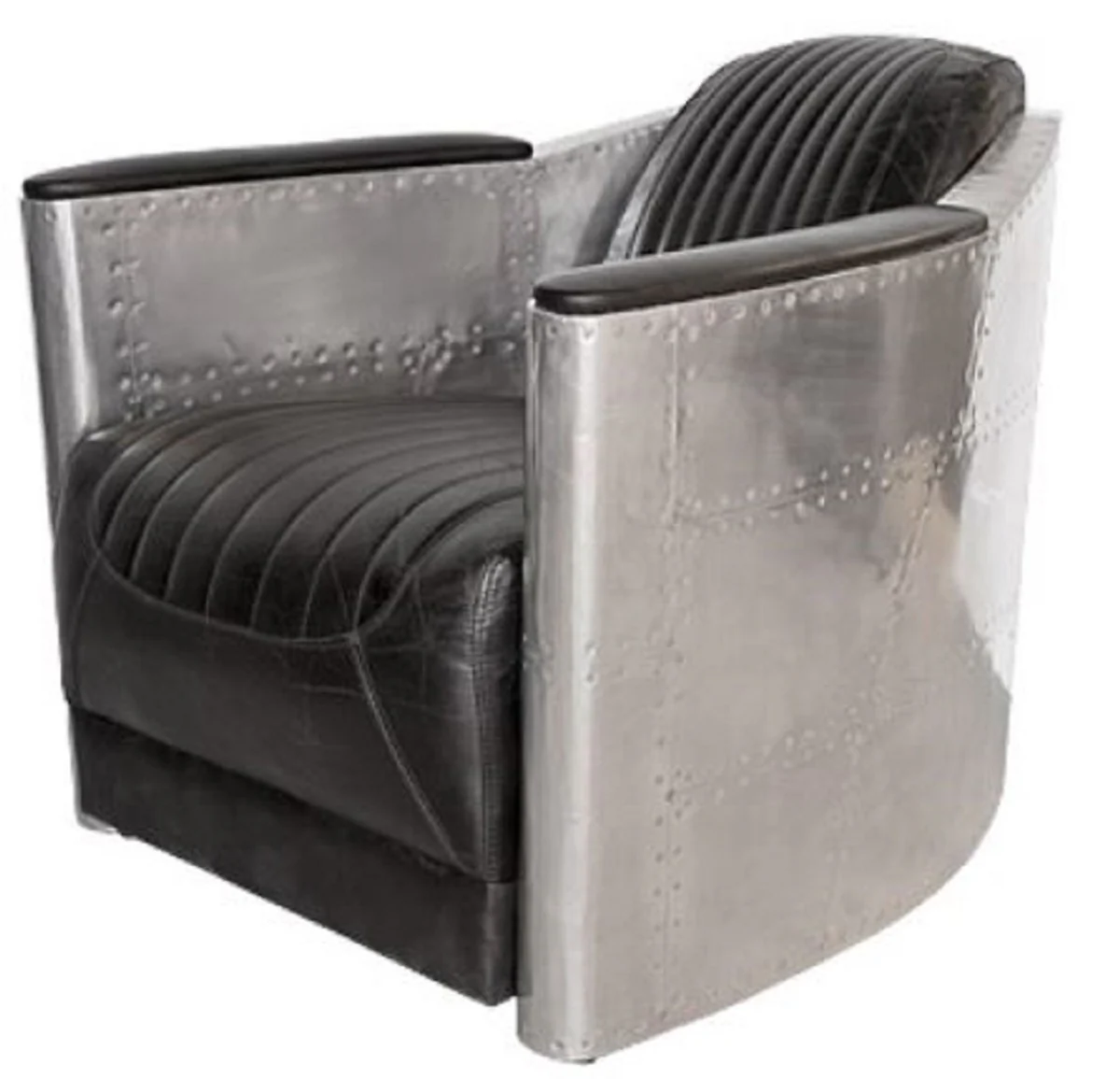 Art Deco aluminum genuine leather armchair black / silver 74.5 x 94 x H. 78 cm - club armchair - lounge armchair - airplane aviator furniture