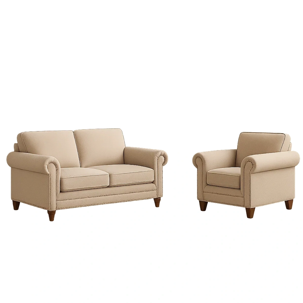 Sofagarnitur, 2-Sitzer und 1 Sessel, Holzgestell, Schaumstoffkissen, bezogen mit beigefarbenem Stoff, für Wohnzimmer, Sofamaße 150 x 85 x 90 cm, Sesselmaße 80 x 85 x 90 cm - CJTPPzOYlAjO