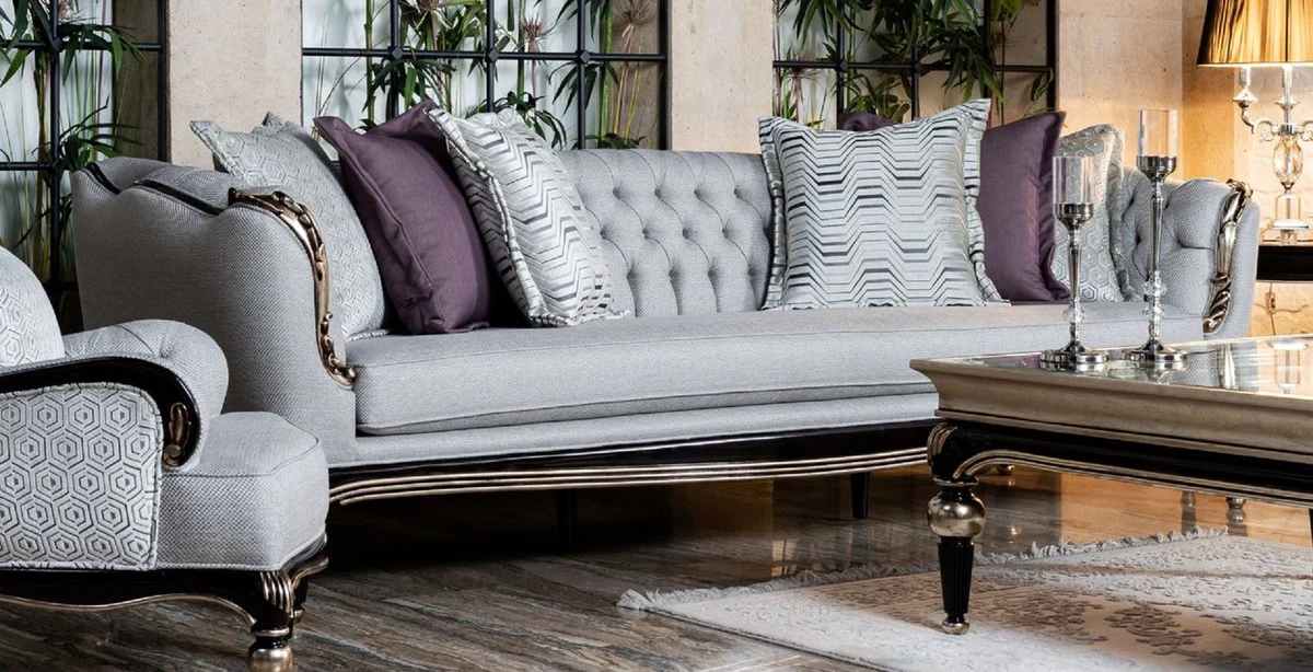 Luxury Baroque Sofa Gray / Black / Silver - Handmade Living Room Sofa - Baroque Living Room Furniture