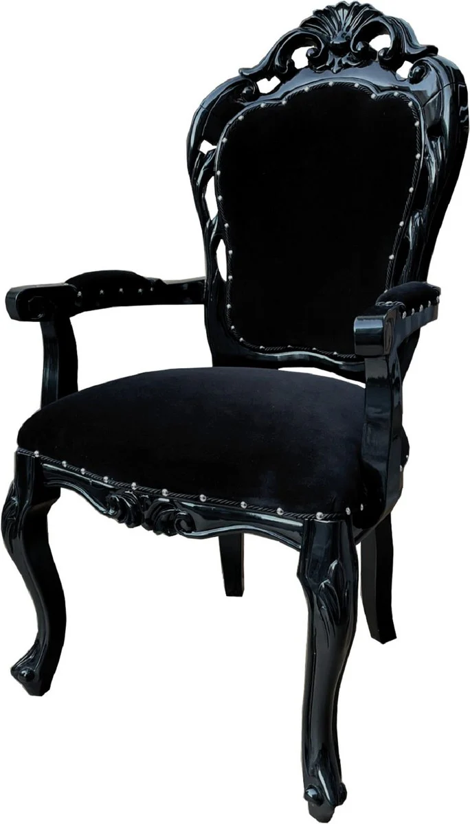 Baroque dining room chair black - handmade antique style chair with armrests and elegant velvet fabric - dining room furniture in baroque style
