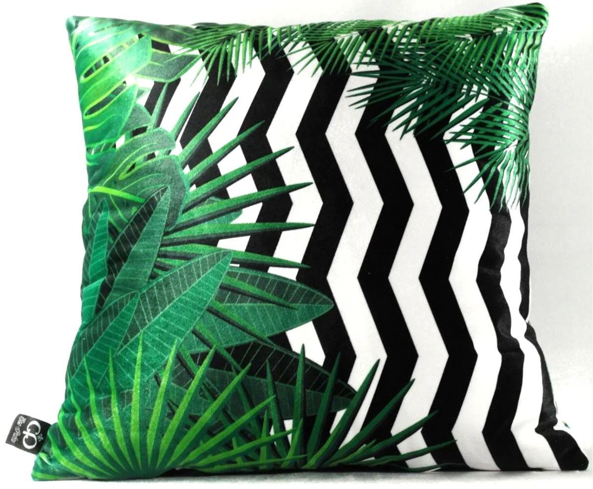 Luxus Kissen Orlando Palm Leaves Schwarz / Weiß / Grün 45 x 45 cm - Feinster Samtstoff - Deko Wohnzimmer Kissen