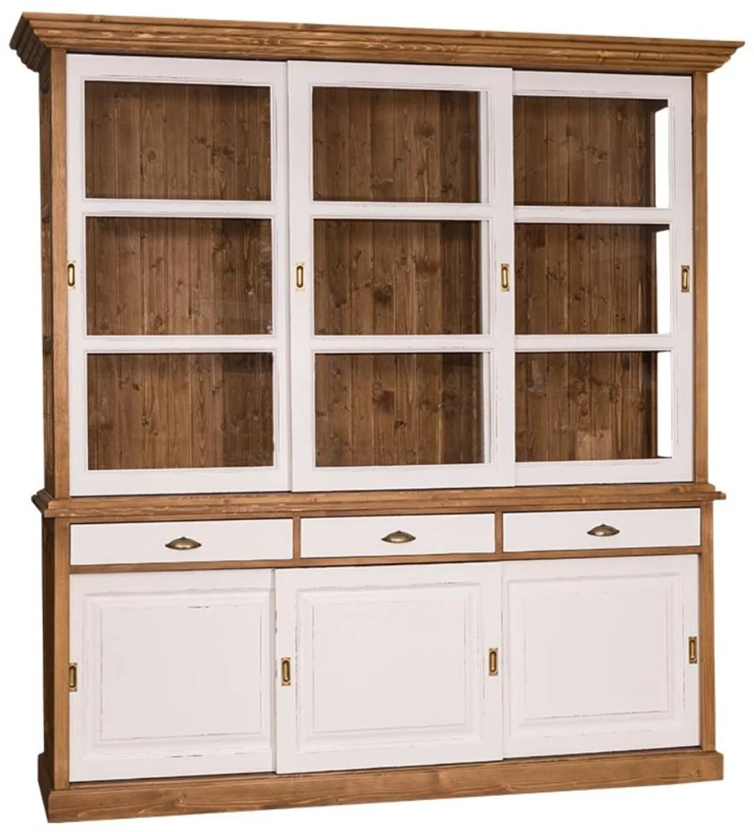 Country house style kitchen cabinet brown / antique white 206 x 53 x H. 219 cm - 2-part kitchen cabinet with 6 sliding doors and 3 drawers