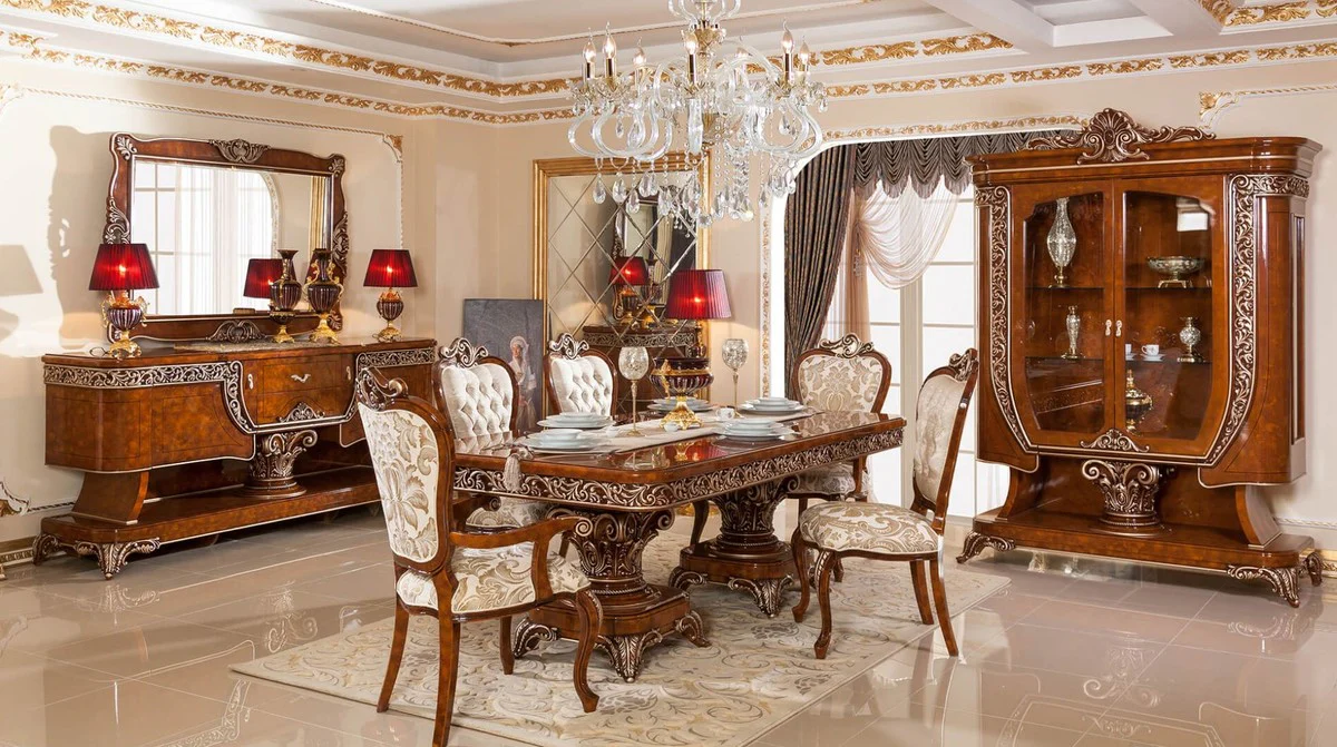 Luxury Baroque Dining Room Set Brown / Gold / Bronze - 1 Baroque Dining Table & 6 Baroque Dining Chairs - Baroque Dining Room Furniture - Luxury Furniture in Baroque Style - Noble & Magnificent