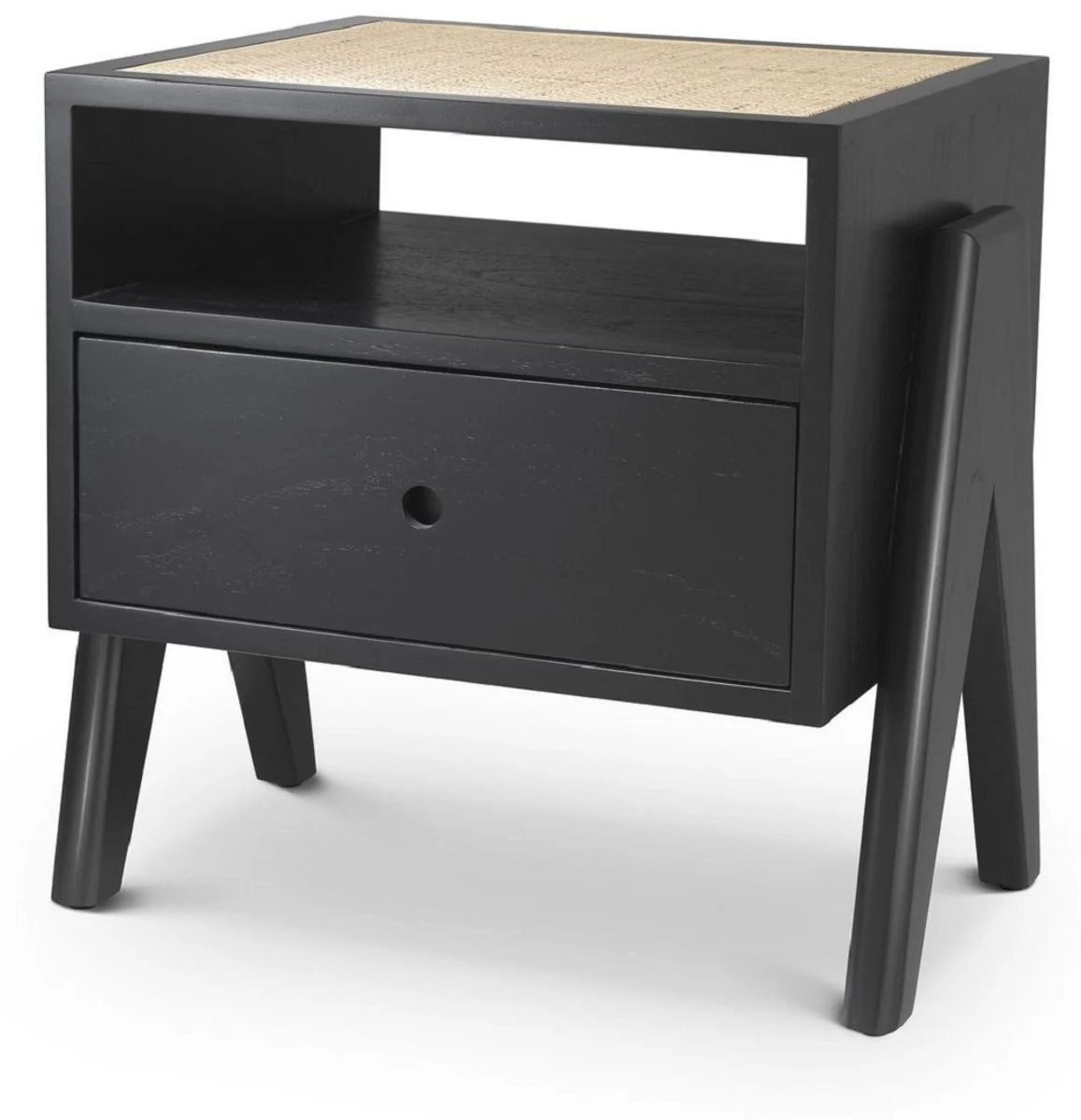 Luxury bedside table black / natural colors 58 x 45 x H. 55.5 cm - solid wood side table with rattan weave - luxury bedroom furniture