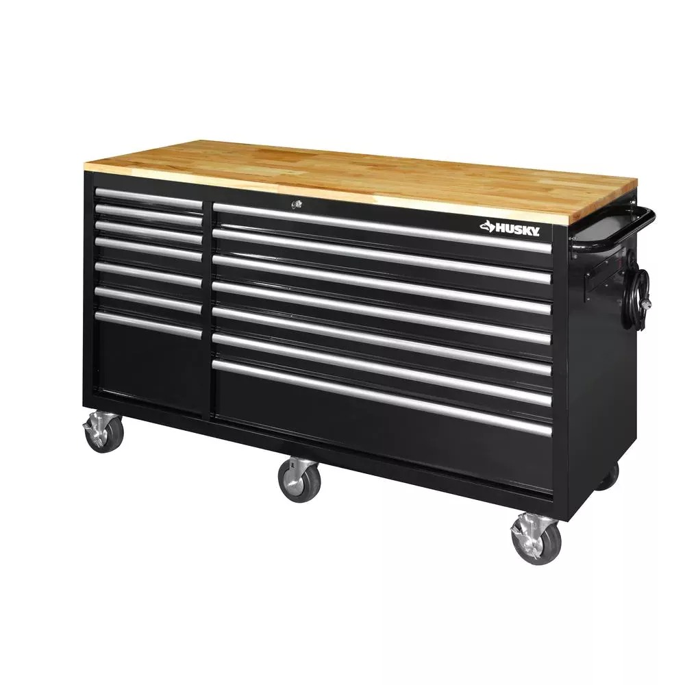 62 IN. 14-DRAWER MOBILE WORKBENCH MIT SOLID WOOD TOP, BLACK