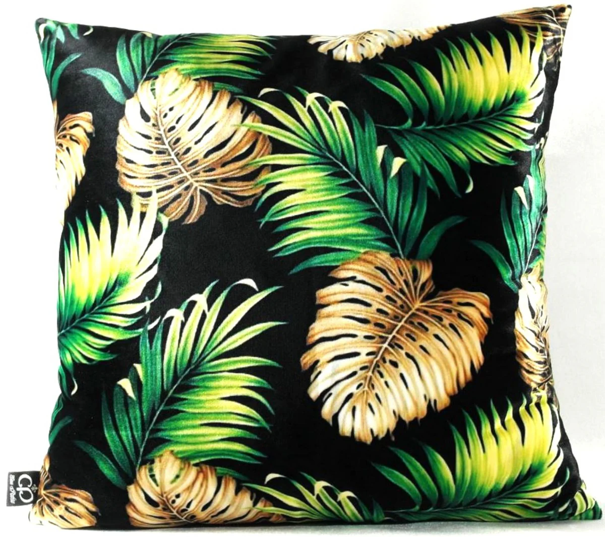 Luxus Kissen San Francisco Palm Leaves Schwarz / Mehrfarbig 45 x 45 cm - Feinster Samtstoff - Wohnzimmer Deko Accessoires