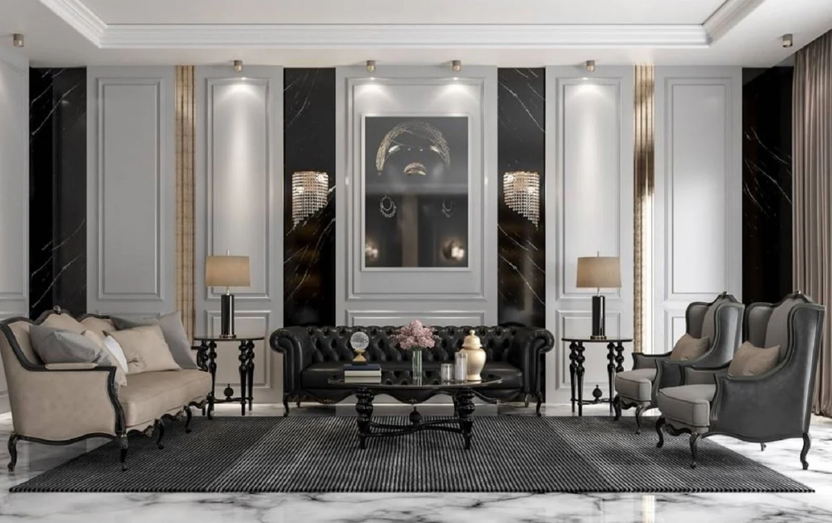 Luxury baroque living room sofa beige / black 230 x 90 x H. 105 cm - high-quality living room furniture in baroque style - noble and magnificent