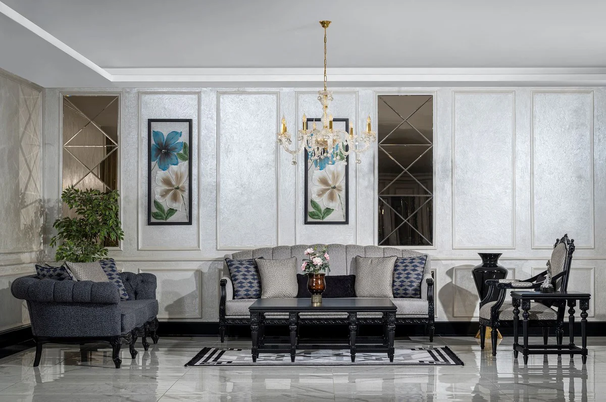 Luxury Baroque Living Room Sofa Silver / Black - Handmade Baroque Style Sofa with Decorative Pillows - Baroque Furniture - Luxury Living Room Furniture in Baroque Style - Noble & Magnificent