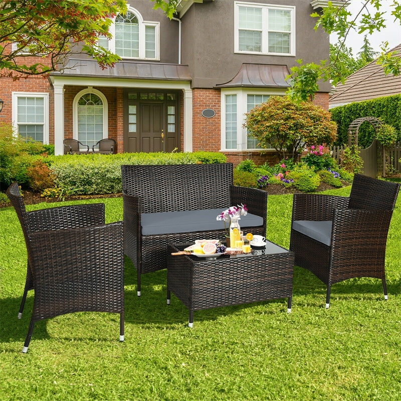 4 Pcs Outdoor Rattan Patio Conversation Set Wicker Furniture Set with Coffee Table and Cushion Sofas