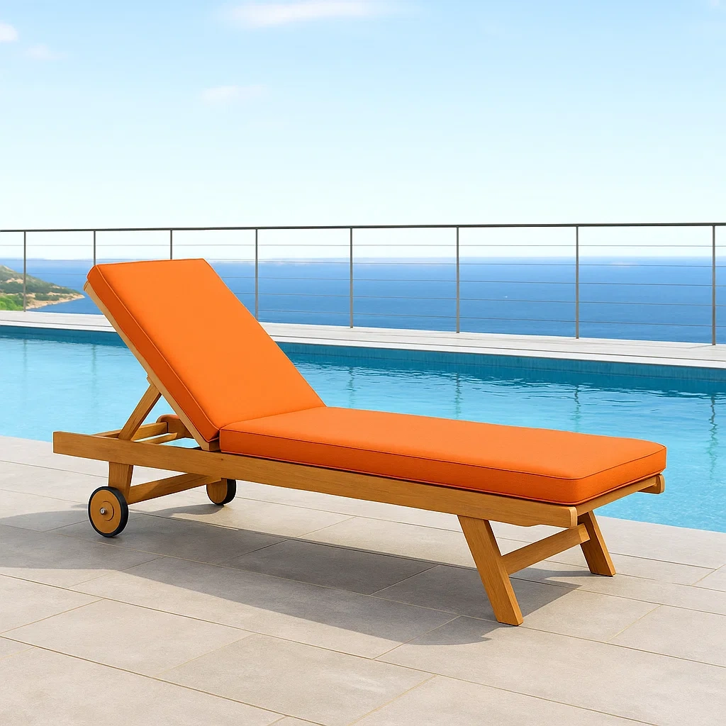 Gartenliege, orange, aus Holz mit Kissen und Rollen, für den Außenbereich, 197 x 60 x 85 cm