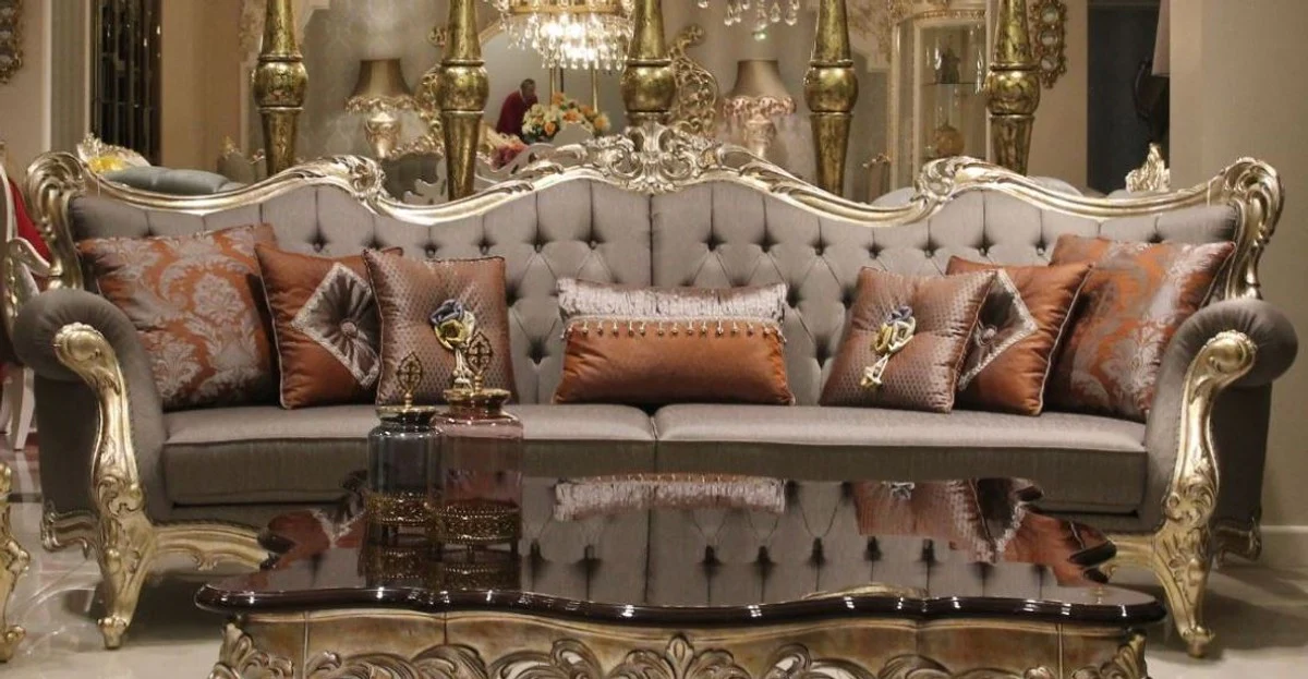 Luxury baroque living room sofa gray / gold 300 x 98 x H. 120 cm - Magnificent sofa in baroque style - Noble baroque living room furniture