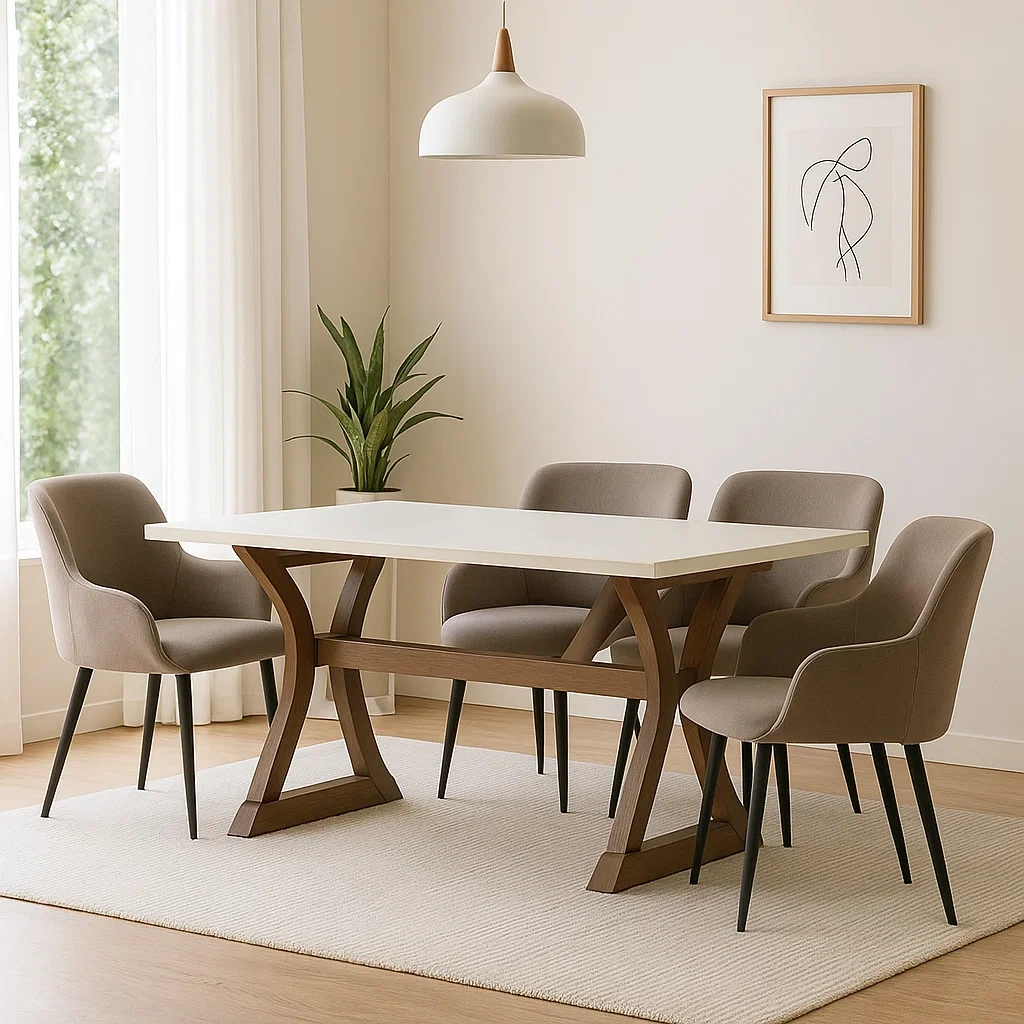 Essgruppe, 4-sitzig, Holz und Stoff, beige, rechteckig, mit Stühlen und Tisch, Tischmaße 120 x 80 x 75 cm, Stuhlmaße 55 x 55 x 83 cm, für Esszimmer oder Küche - j0YT9DxGzujz