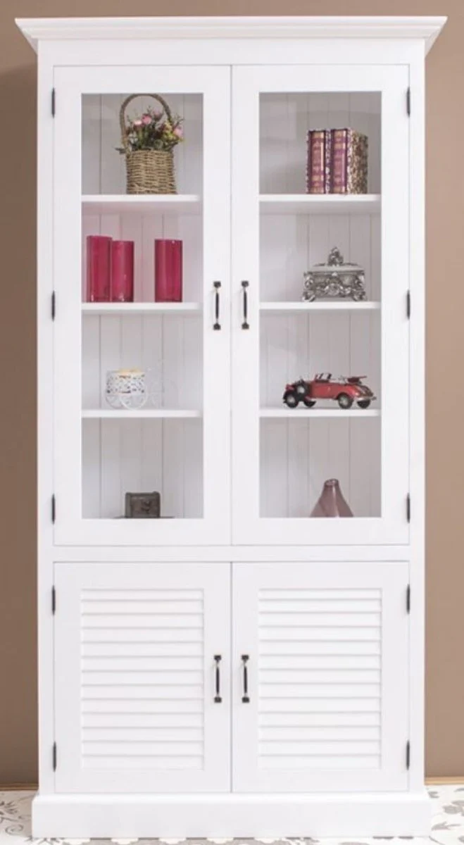 Country house style solid wood cabinet with 4 doors white 64 x 39 x H. 210 cm - shelf cabinet - living room cabinet - display cabinet - country house style furniture