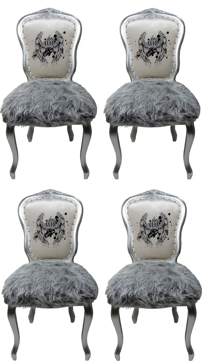 Pompöös by Luxury Baroque Dining Room Chairs Crown White / Gray / Silver - Pompöös Baroque Chairs designed by Harald Glööckler - 4 dining room chairs with faux fur
