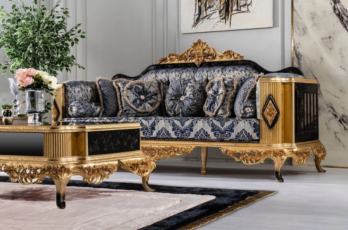 Luxury Baroque Sofa Blue / Black / Gold - Magnificent Living Room Sofa - Baroque Style Living Room Furniture - Luxury Furniture in Baroque Style - Baroque Living Room Furnishings