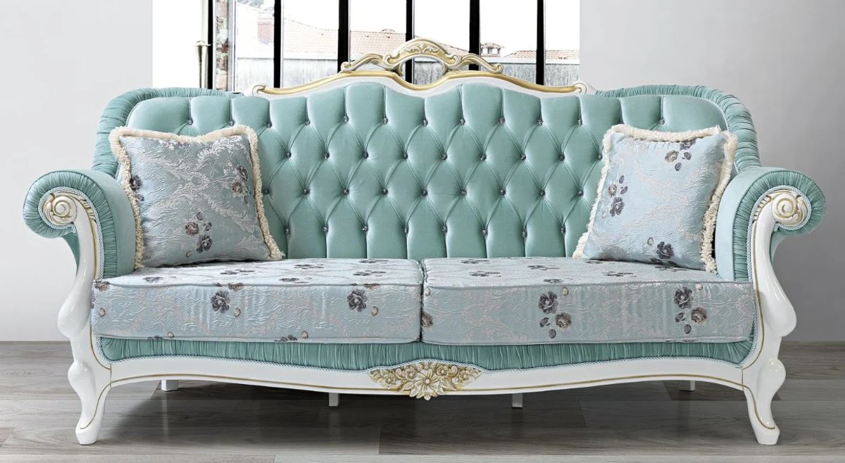 Baroque living room sofa with glittering stones and floral pattern light green / light blue / white / gold 215 x 80 x H. 120 cm - Baroque furniture
