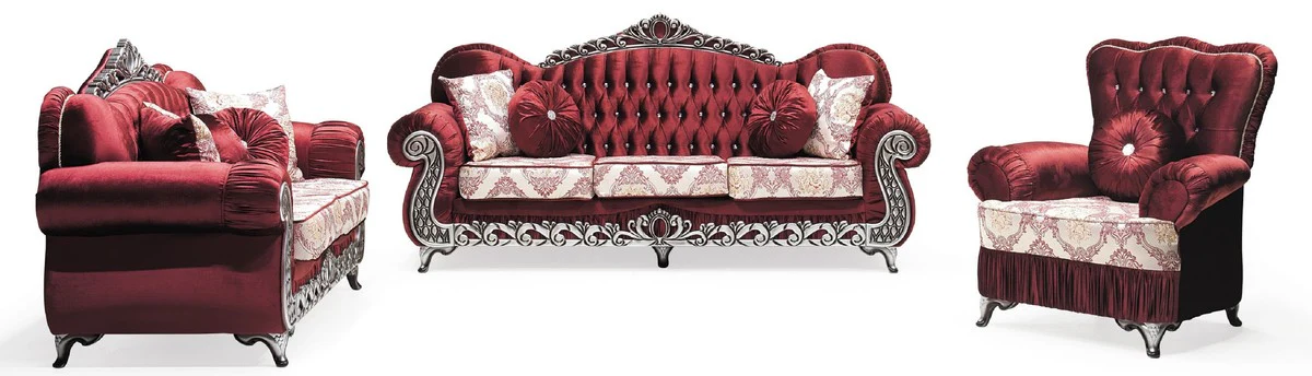 Luxury Baroque Sofa Bordeaux Red / Cream / Silver - Magnificent Living Room Sofa with Elegant Pattern and Glitter Stones - Living Room Furniture in Baroque Style - Baroque Furniture - Noble & Magnificent