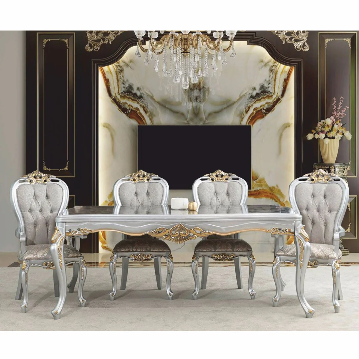 Luxury Baroque Dining Room Set Gray / Silver / Gold - 1 Dining Table & 8 Chairs