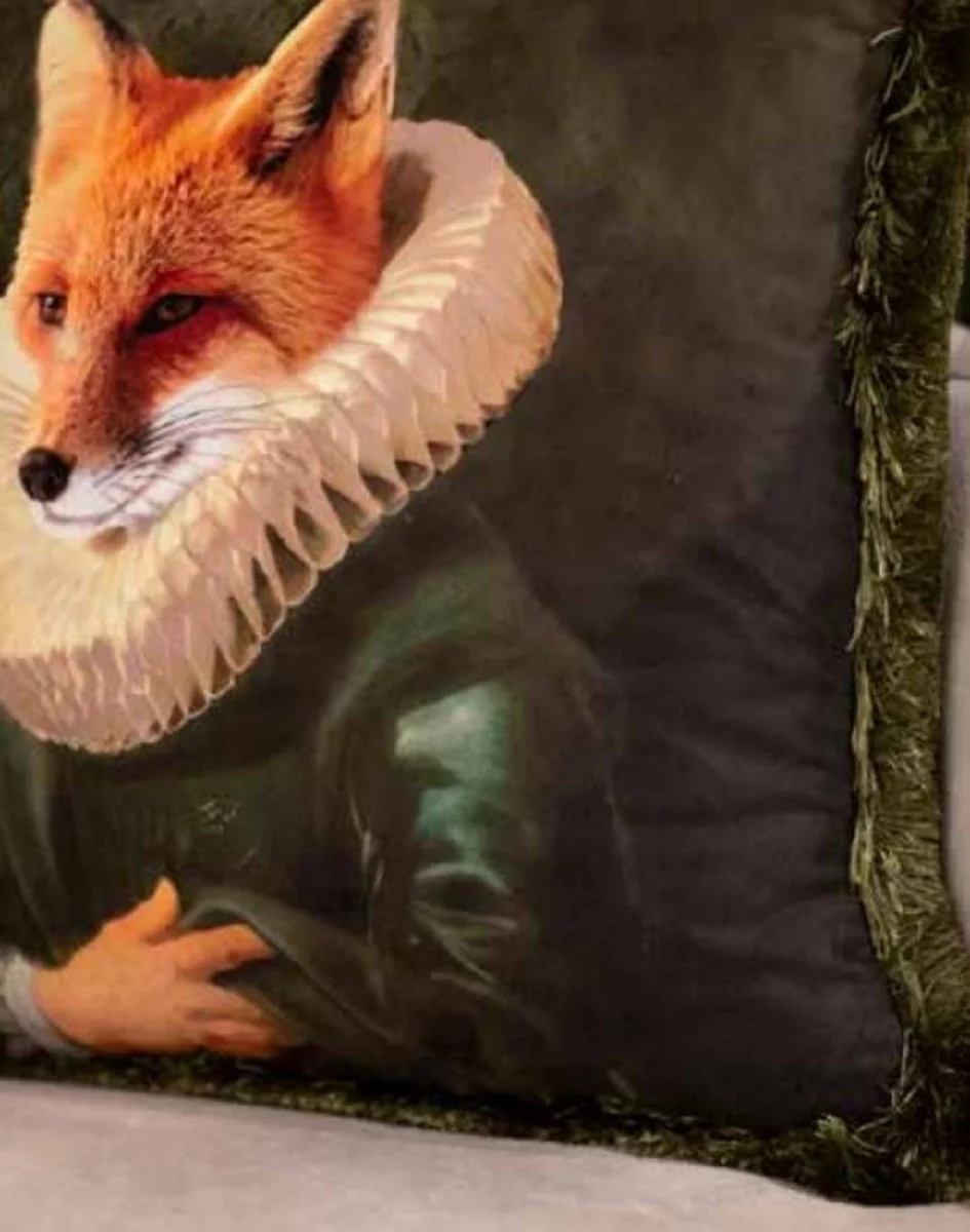 Luxus Deko Kissen Sir Fuchs Grün / Mehrfarbig 45 x 45 cm - Bedrucktes Samt Kissen mit Fransen - Luxus Qualität