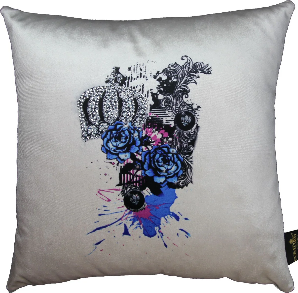 Harald Glööckler Luxury Decorative Cushion Blue Roses Pompöös by Cream / Black Crown with Rhinestones - Glööckler Cushion