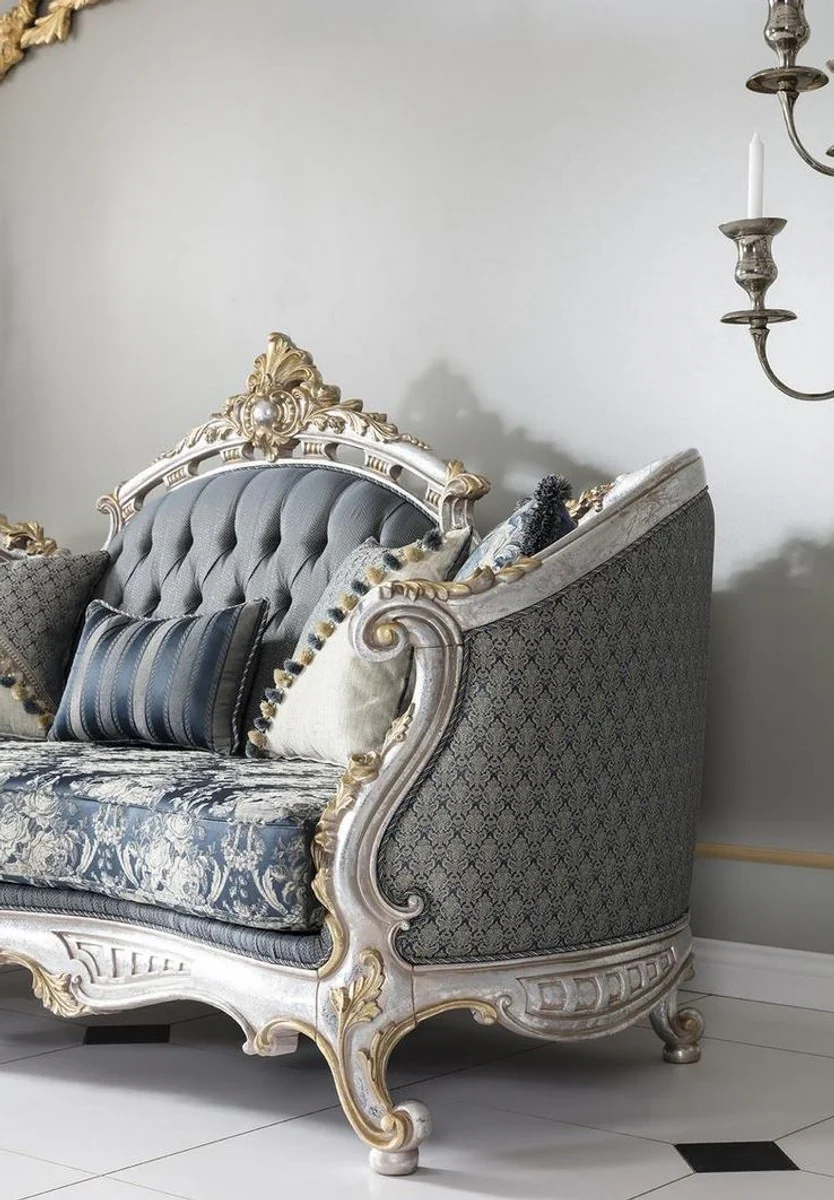 Luxury baroque living room sofa with decorative cushions gray / blue / silver / gold 250 x 95 x H. 125 cm - noble & magnificent