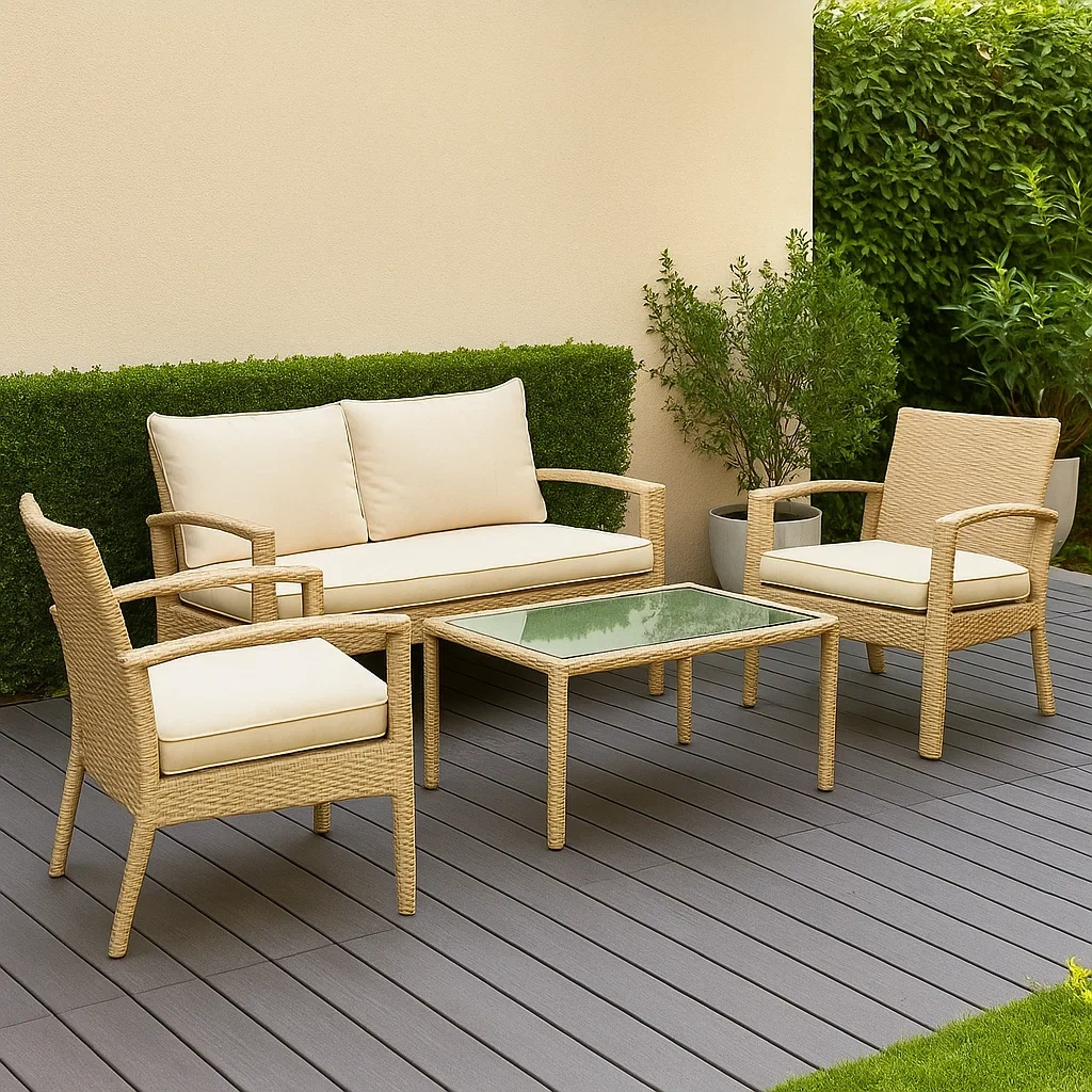 4-sitzige Gartenmöbel-Garnitur, beiges Holz, Sofa 140x70x75 cm, Stühle 70x70x75 cm, Tisch 80x40x40 cm, beige Kissen, für den Außenbereich (Terrasse oder Balkon) - KdLKtWKv3Kp3