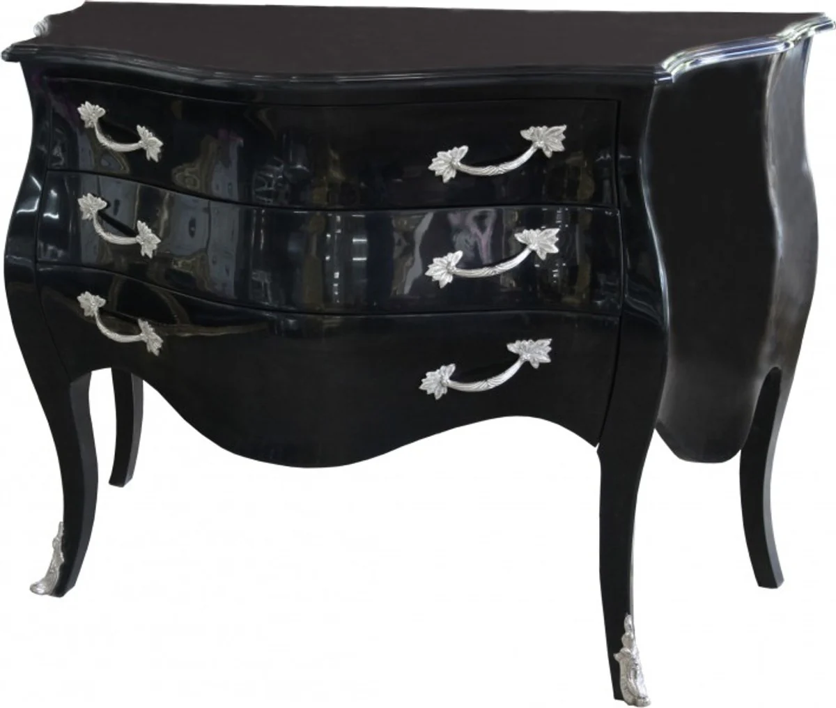 Baroque chest of drawers black high gloss 122 cm with silver metal applications - antique style