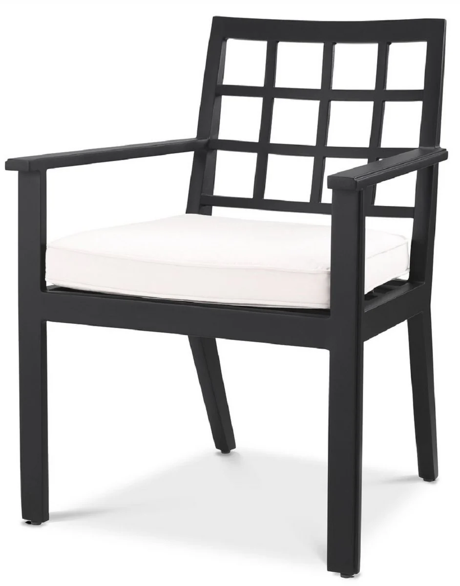 Luxury dining room chair with armrests black / white 64.5 x 65 x H. 88.5 cm - weatherproof aluminum chair with seat cushion - garden patio chair - luxury quality