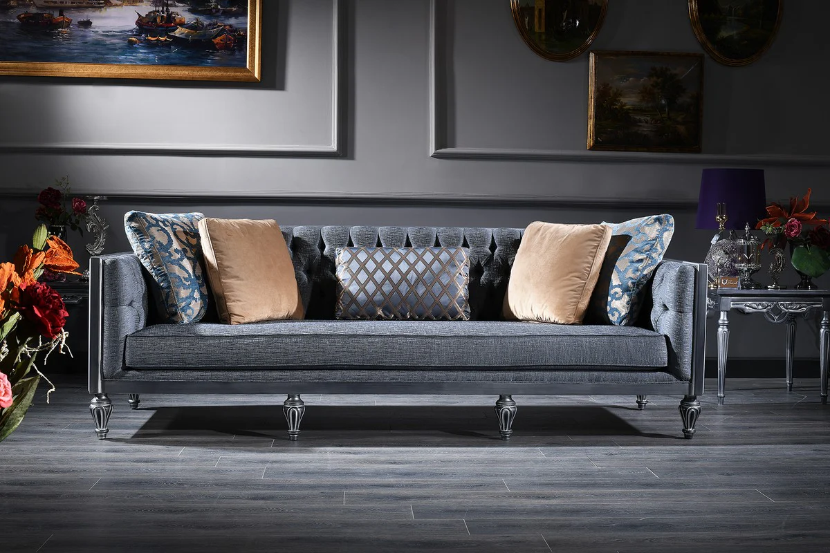 Luxury Baroque Chesterfield Sofa Blue / Silver 250 x 92 x H. 85 cm - Living room furniture in the baroque style