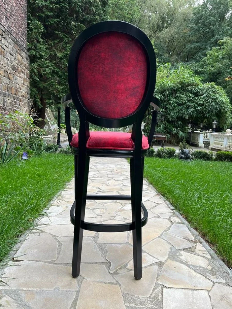Baroque bar chair with armrests Bordeaux red / black - magnificent baroque style solid wood bar stool with elegant velvet fabric - baroque bar furniture