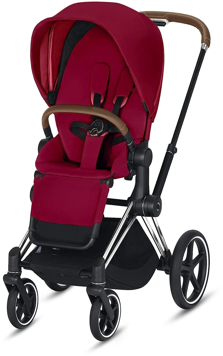Kompletter Kinderwagen, kompakt zusammenklappbar mit einer Hand, leichter, umkehrbarer Sitz, leichtgängige Allradfederung, zusätzlicher Stauraum, verstellbare Beinstütze, echtes Rot mit Rahmen in Chrom/Schwarz